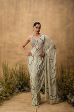 Load image into Gallery viewer, Mint green Pre-stitched hand embroidered georgette saree set
