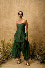 Load image into Gallery viewer, Emerald green hand embroidered chanderi silk suit set with organza dupatta
