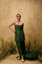 Load image into Gallery viewer, Emerald green hand embroidered chanderi silk suit set with organza dupatta
