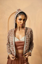 Load image into Gallery viewer, Mettalic rose gold embroidered co-ord set with hoodie
