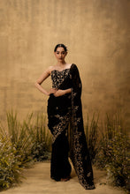 Load image into Gallery viewer, Black Pre-stitched hand embroidered organza saree set
