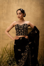 Load image into Gallery viewer, Black Pre-stitched hand embroidered organza saree set
