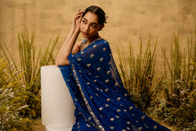 Load image into Gallery viewer, Sapphire blue Pre-stitched hand embroidered georgette saree set
