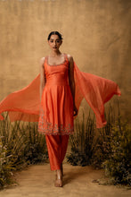 Load image into Gallery viewer, Bright orange hand embroidered chanderi silk suit set with organza dupatta
