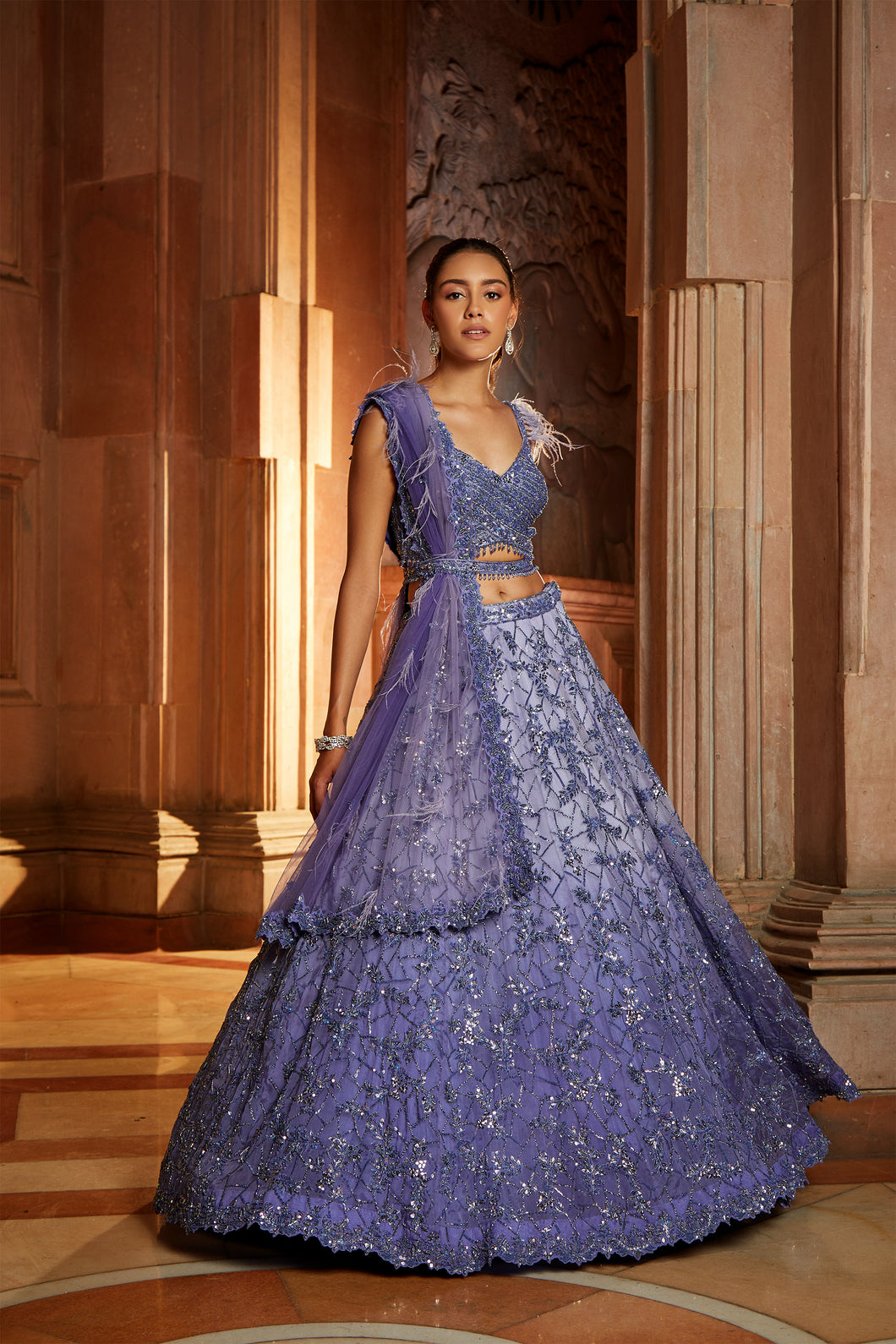 INK BLUE OMBREY ORGANZA CHOLI DUPAATA WITH WORKED BELT