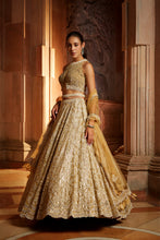 Load image into Gallery viewer, GOLD TULLE LEHENGA CHOLI DUPATTA SET WITH WORKED BELT
