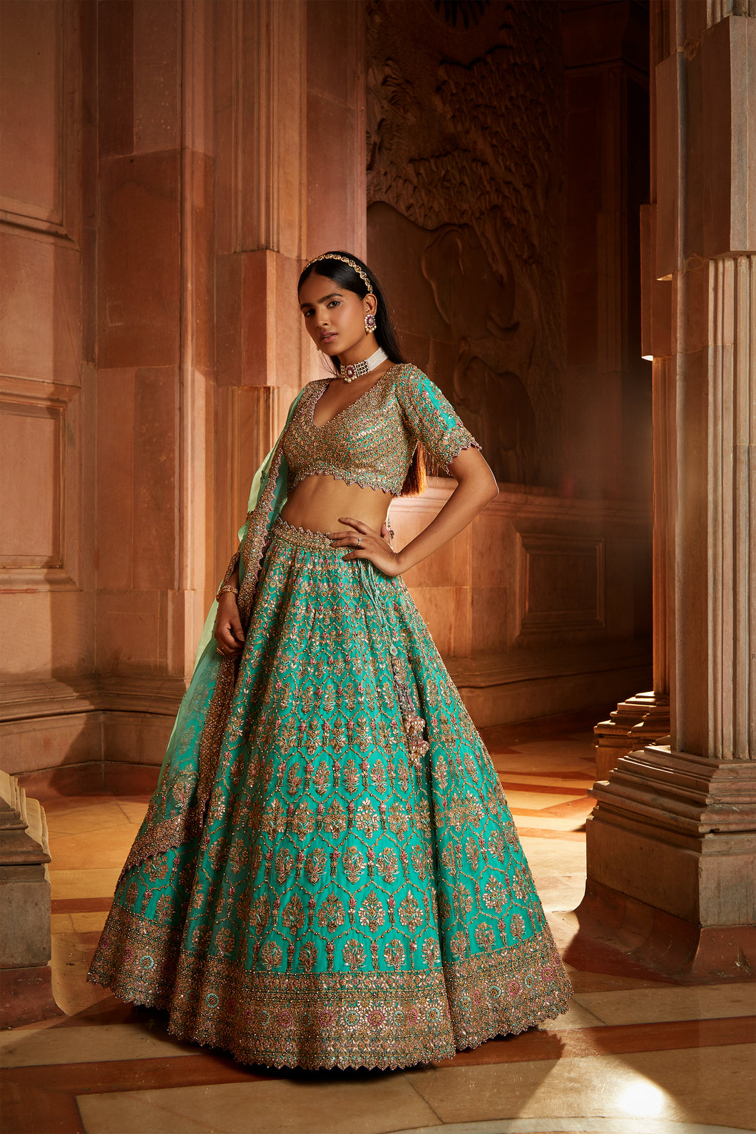 TEAL GREEN ORGANZA LEHENGA CHOLI DUPATTA SET