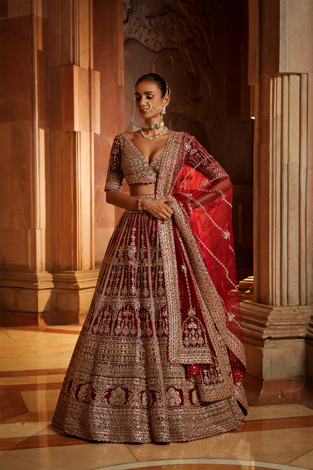 MAROON RAW SILK LEHENGA CHOLI AND WORKED BELT WITH TULLE DUPATTA