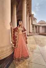 Load image into Gallery viewer, RUST TAFETTA LEHENGA WITH OLIVE CHOLI, MAROON TISSUE DUPATTA AND BELT
