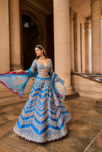 Load image into Gallery viewer, PEACOCK BLUE TAFETTA LEHENGA CHOLI WITH A TULLE DUPATTA AND BELT
