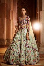 Load image into Gallery viewer, MINT GREEN TULLE LEHENGA CHOLI DUPATTA WITH A WORKED BELT
