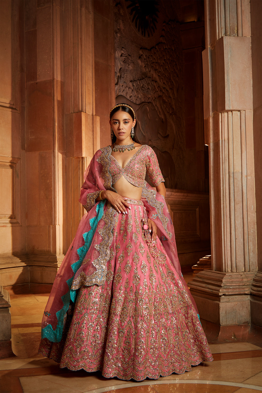 ROSE PINK ORGANZA LEHENGA CHOLI DUPATTA SET