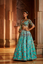 Load image into Gallery viewer, VIBRANT AQUA TAFETTA LEHENGA CHOLI WITH TULLE DUPATTA
