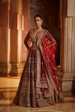 Load image into Gallery viewer, MAROON RAW SILK LEHENGA CHOLI AND WORKED BELT WITH TULLE DUPATTA
