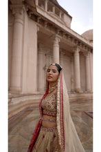 Load image into Gallery viewer, GOLD TISSUE LEHENGA CHOLI AND BELT WITH CONTRASTING RED TULLE DUPATTA AND OPTIONAL GOLD TISSUE SECOND DUPATTA
