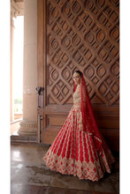 Load image into Gallery viewer, DEEP RED RAW SILK LEHENGA WITH GOLD CHOLI AND TULLE DUPATTA
