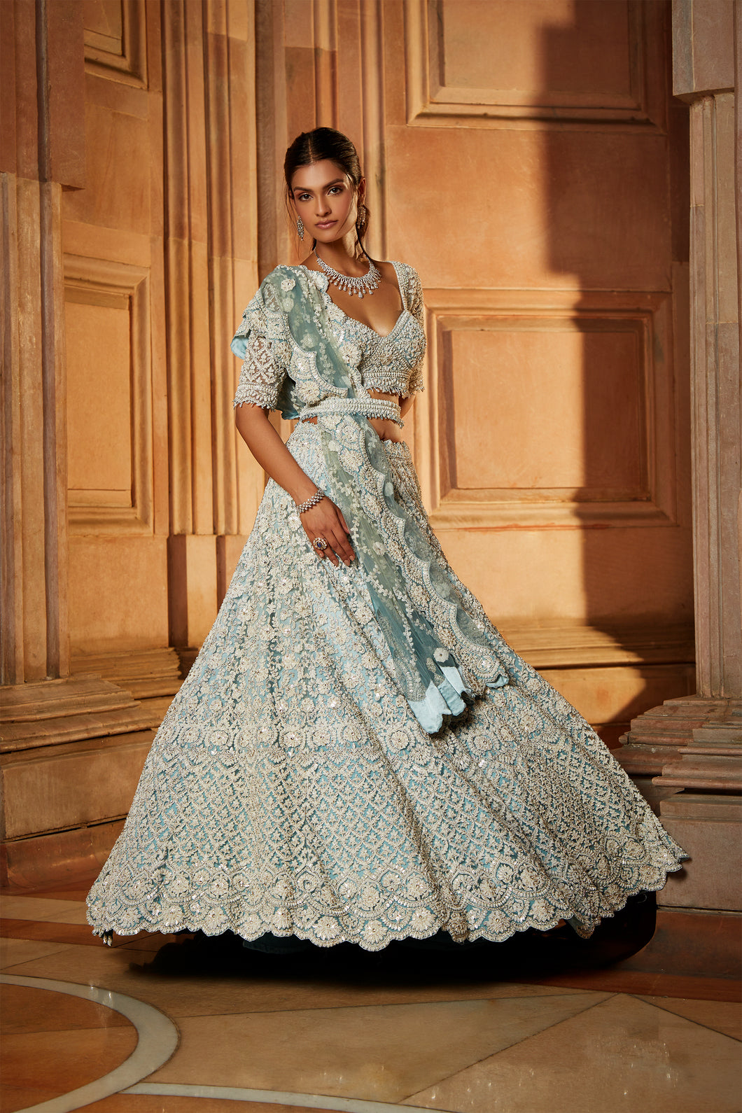 AQUA OMBREY TULLE LEHENGA CHOLI DUPATTA SET