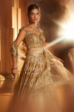 Load image into Gallery viewer, CHAMPAGNE GOLD TULLE LEHENGA CHOLI  DUPATTA SET WITH WORKED BELT
