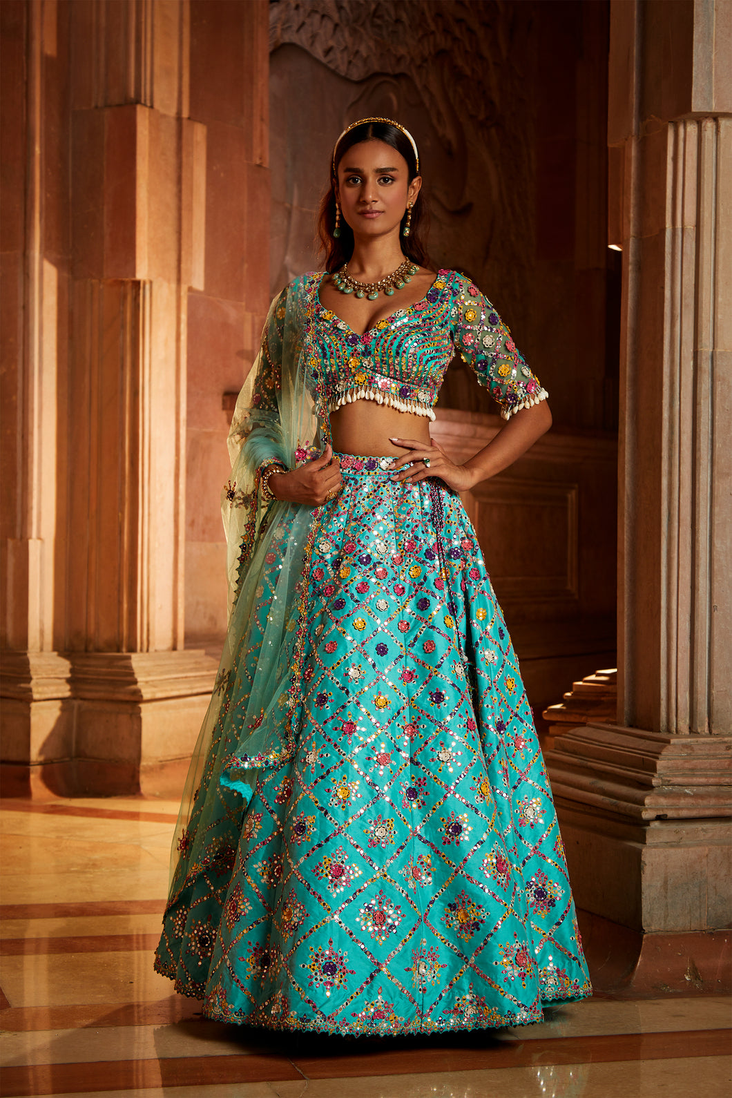 VIBRANT AQUA TAFETTA LEHENGA CHOLI WITH TULLE DUPATTA