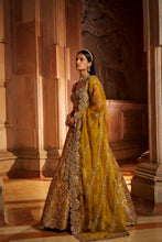 Load image into Gallery viewer, MUSTARD TAFETTA LEHENGA PURPLE CHOLI ORGANZA SET
