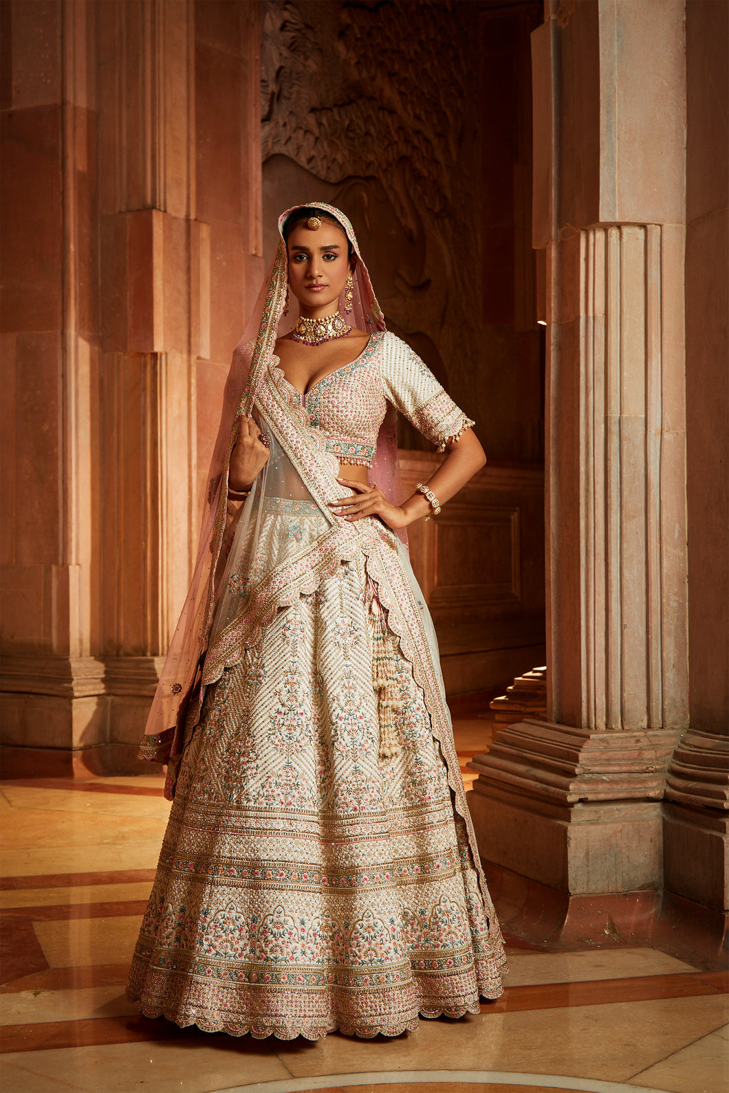 IVORY TAFETTA LEHENGA CHOLI SET WITH TWO TULLE DUPATTAS