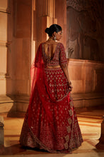 Load image into Gallery viewer, BLOOD RED RAW SILK BRIDAL LEHENGA CHOLI SET WITH TULLE DUPATTA
