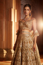 Load image into Gallery viewer, CHAMPAGNE GOLD TULLE LEHENGA CHOLI  DUPATTA SET WITH WORKED BELT
