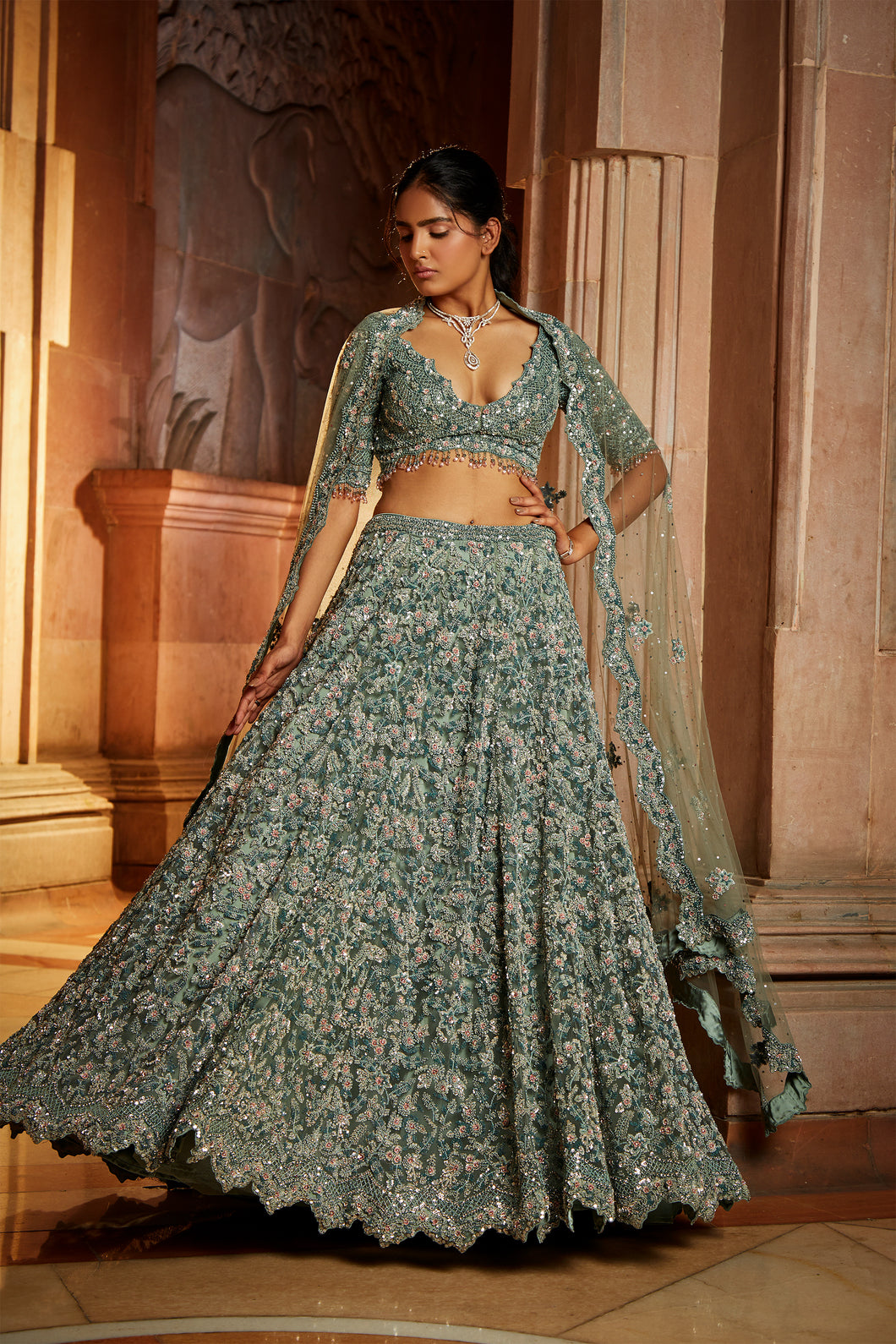 SAGE GREEN TULLE LEHENGA CHOLI SET