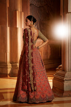 Load image into Gallery viewer, RUST TAFETTA LEHENGA WITH OLIVE CHOLI, MAROON TISSUE DUPATTA AND BELT
