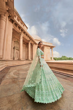 Load image into Gallery viewer, VIBRANT MINT GREEN TULLE LEHENGA CHOLI DUPATAA WITH A WORKED BELT
