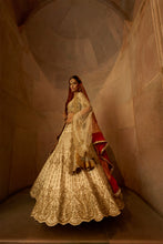 Load image into Gallery viewer, IVORY TAFETTA LEHENGA CHOLI SET WITH A TULLE DUPATTA AND OPTIONAL BANDHEJ SECOND DUPATTA
