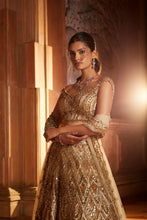 Load image into Gallery viewer, CHAMPAGNE GOLD TULLE LEHENGA CHOLI  DUPATTA SET WITH WORKED BELT
