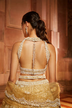 Load image into Gallery viewer, GOLD TULLE LEHENGA CHOLI DUPATTA SET WITH WORKED BELT
