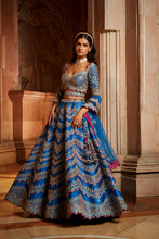 Load image into Gallery viewer, PEACOCK BLUE TAFETTA LEHENGA CHOLI WITH A TULLE DUPATTA AND BELT
