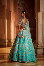 Load image into Gallery viewer, VIBRANT AQUA TAFETTA LEHENGA CHOLI WITH TULLE DUPATTA
