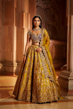 Load image into Gallery viewer, MUSTARD TAFETTA LEHENGA PURPLE CHOLI ORGANZA SET
