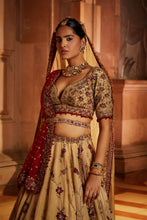 Load image into Gallery viewer, GOLD TISSUE LEHENGA CHOLI AND BELT WITH CONTRASTING RED TULLE DUPATTA AND OPTIONAL GOLD TISSUE SECOND DUPATTA
