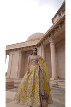 Load image into Gallery viewer, MUSTARD TAFETTA LEHENGA PURPLE CHOLI ORGANZA SET
