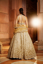 Load image into Gallery viewer, GOLD TULLE LEHENGA CHOLI DUPATTA SET WITH WORKED BELT
