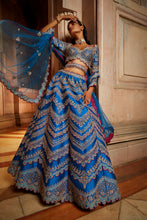 Load image into Gallery viewer, PEACOCK BLUE TAFETTA LEHENGA CHOLI WITH A TULLE DUPATTA AND BELT
