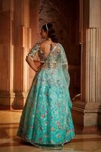 Load image into Gallery viewer, VIBRANT AQUA TAFETTA LEHENGA CHOLI WITH TULLE DUPATTA
