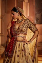 Load image into Gallery viewer, GOLD TISSUE LEHENGA CHOLI AND BELT WITH CONTRASTING RED TULLE DUPATTA AND OPTIONAL GOLD TISSUE SECOND DUPATTA
