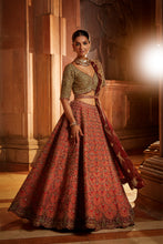 Load image into Gallery viewer, RUST TAFETTA LEHENGA WITH OLIVE CHOLI, MAROON TISSUE DUPATTA AND BELT
