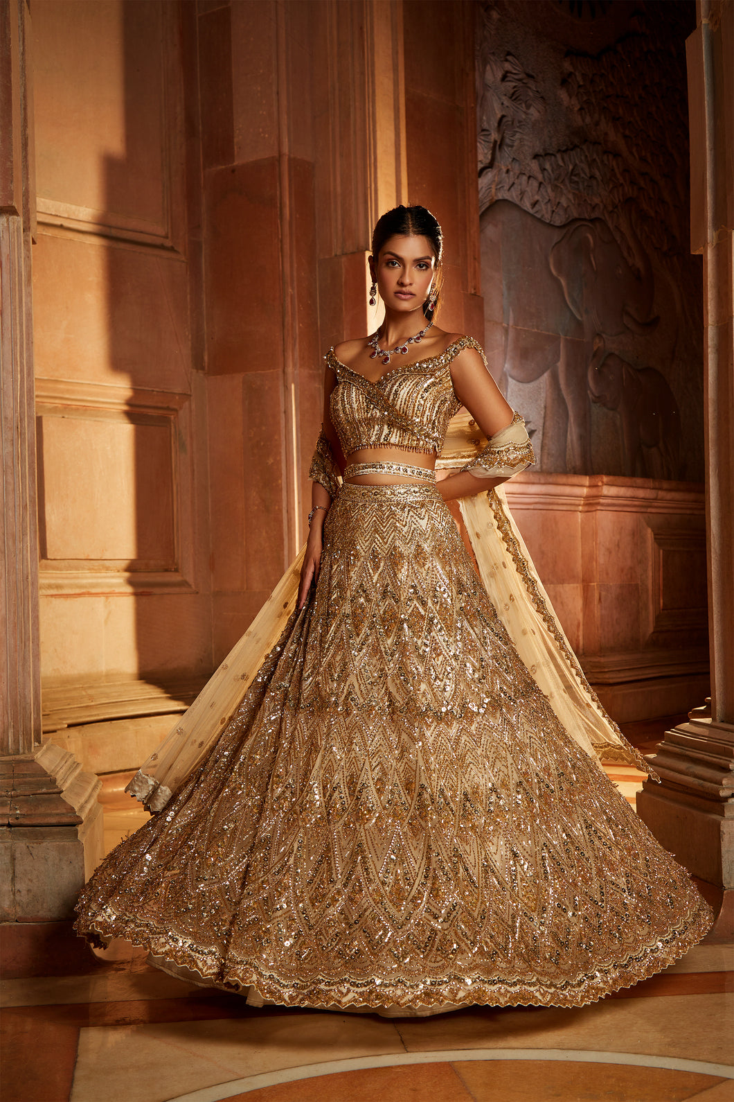 CHAMPAGNE GOLD TULLE LEHENGA CHOLI  DUPATTA SET WITH WORKED BELT