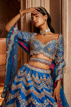 Load image into Gallery viewer, PEACOCK BLUE TAFETTA LEHENGA CHOLI WITH A TULLE DUPATTA AND BELT
