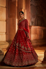 Load image into Gallery viewer, BLOOD RED RAW SILK BRIDAL LEHENGA CHOLI SET WITH TULLE DUPATTA
