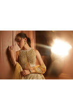 Load image into Gallery viewer, GOLD TULLE LEHENGA CHOLI DUPATTA SET WITH WORKED BELT
