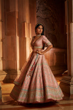 Load image into Gallery viewer, PEACH TAFETTA LEHENGA CHOLI WITH A WORKED BELT AND TULLE DUPATTA
