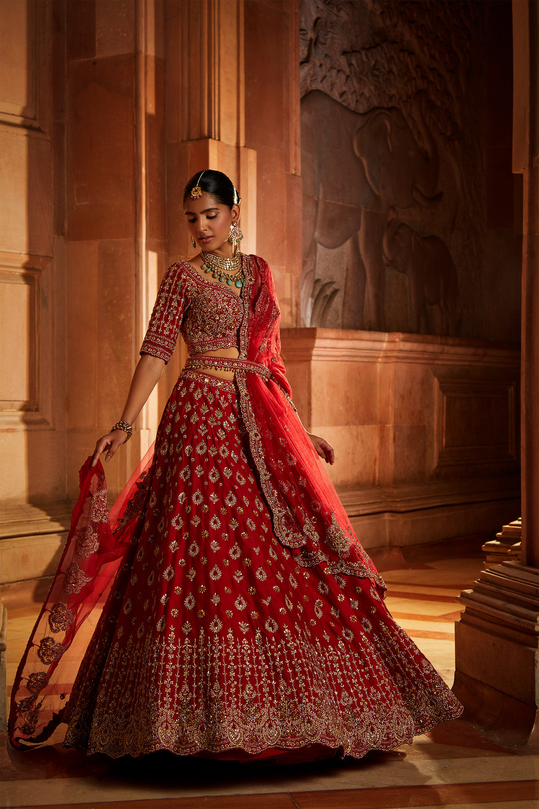 BLOOD RED RAW SILK BRIDAL LEHENGA CHOLI SET WITH TULLE DUPATTA