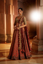 Load image into Gallery viewer, RUST TAFETTA LEHENGA WITH OLIVE CHOLI, MAROON TISSUE DUPATTA AND BELT
